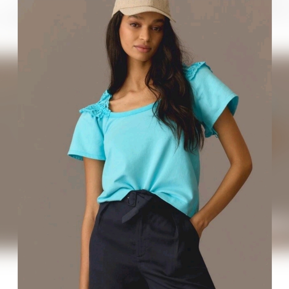 Pilcro Blue Boho Eyelet Ruffle Short Sleeve Blouse Top Size XS